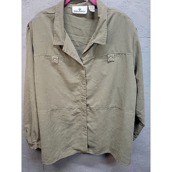 Erin London Casual Button Up Shirt 3X LongSleeve Green Jacket Blouse - Picture 1 of 8